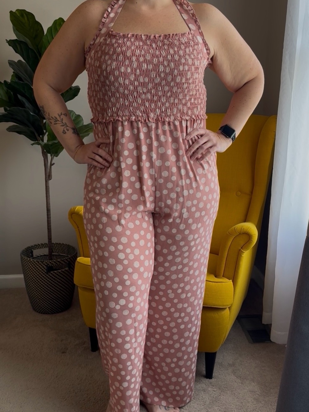 Candie's Dusty Rose Polka Dot Smocked Halter Jumpsuit